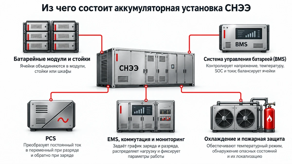 Основные узлы промышленной аккумуляторной установки СНЭЭ