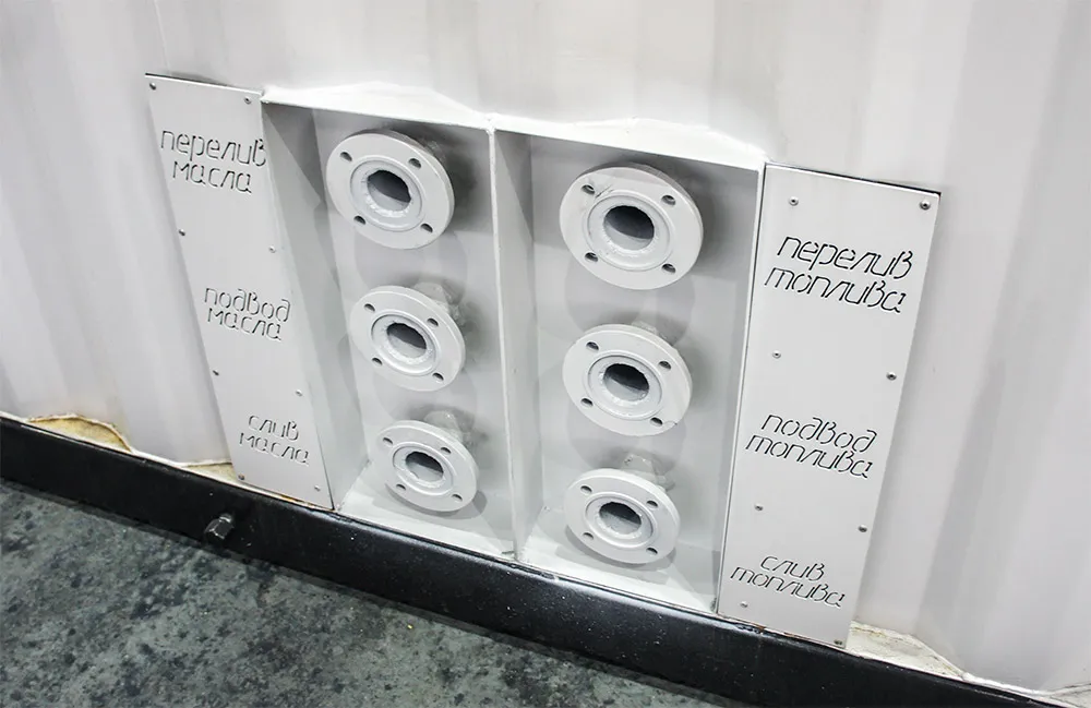 Фланцы снаружи контейнера (Используются для закачки и откачки топлива и масла из основных емкостей электростанции)